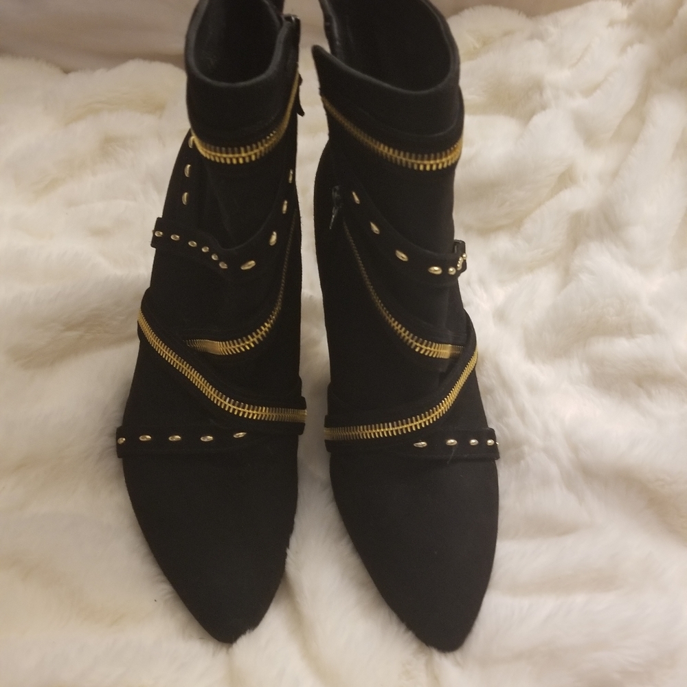 Stuart Weitzman Black and Gold Suede Ankle Boots